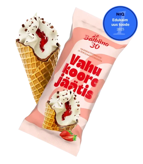 Balbiino Vahukoorejäätis maasikatoormoosi ja piimašokolaaditükkidega vahvlikoonuses