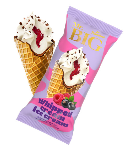 milk chocolate pieces in glazed waffle cone